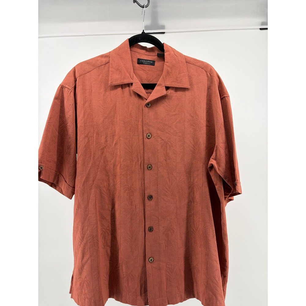 Cellinni Men's Shirt Burnt‎ Orange Button Up Short Sleeve 100% Silk Size Medium